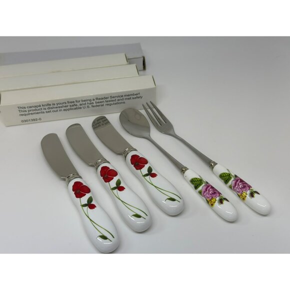 VTG Stainless Steel Porcelain Cheese Knife Spoon Set With Floral Ceramic Handles - Picture 1 of 8